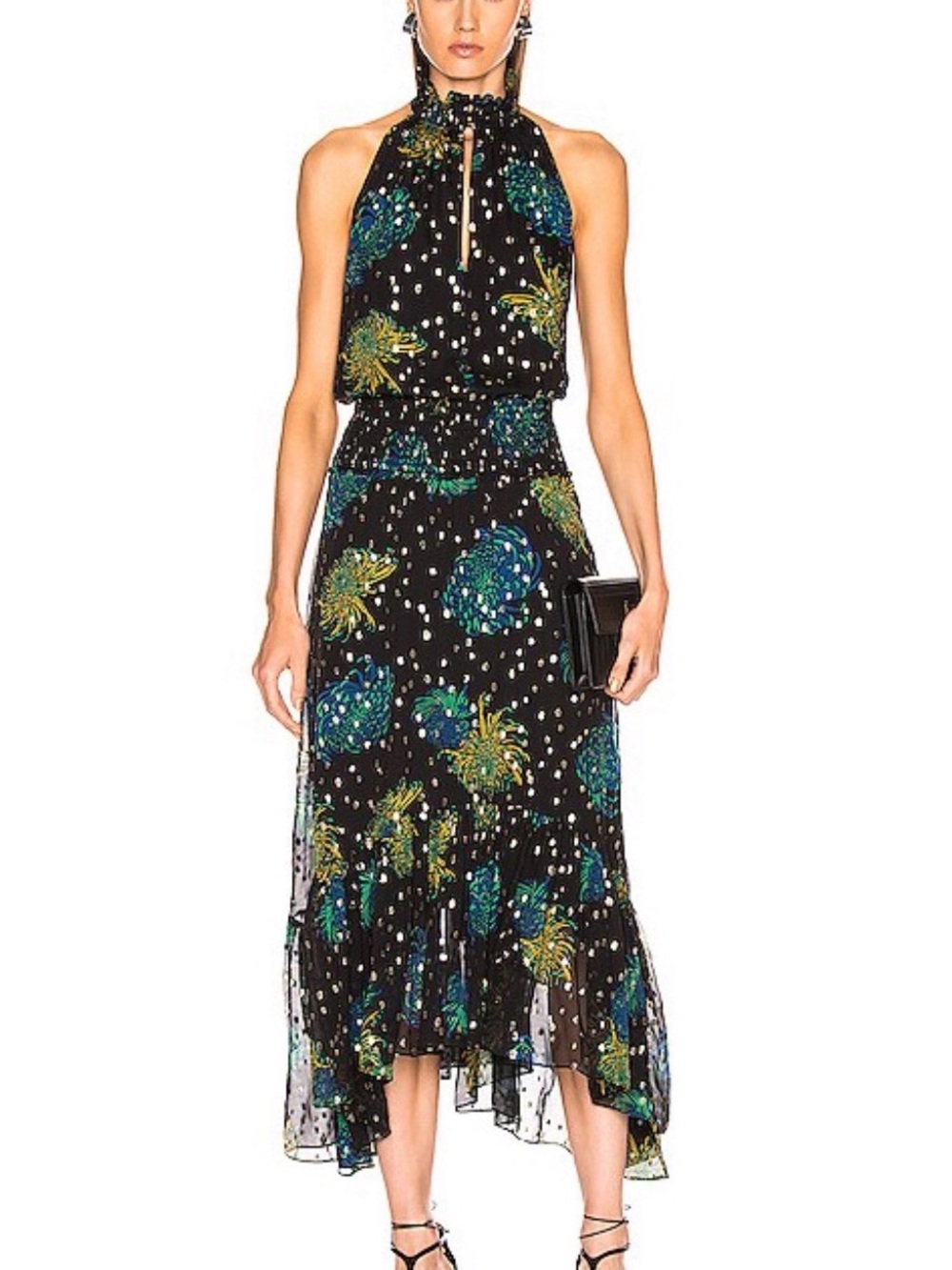 A.L.C. Kaia Black Halter Midi Dress with Teal & Green Floral Print
